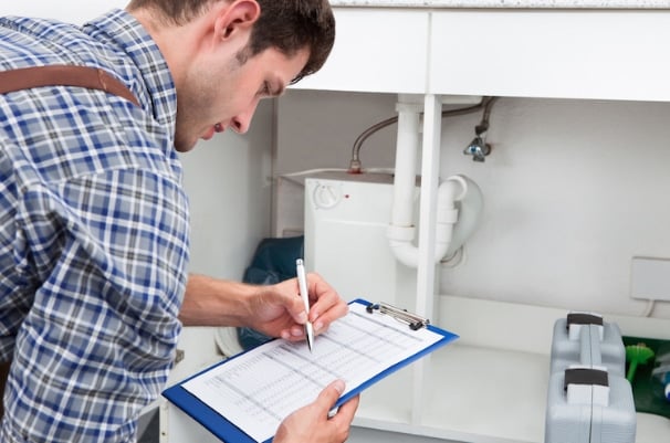 A public adjuster inspecting sink pipes