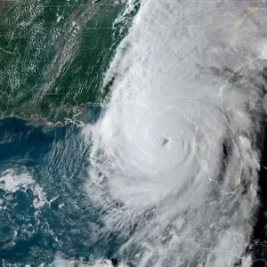A satellite image of Hurricane Helene just before sunset on Sept. 26, 2024, around the time that it was upgraded to a category 4 storm. (NOAA/GOES-EAST)